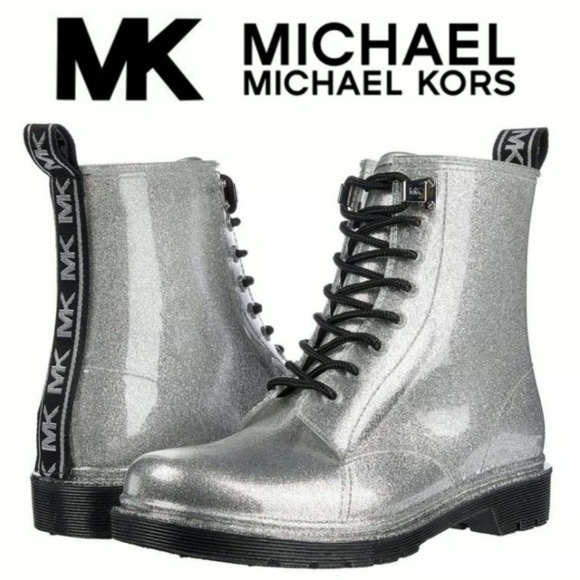 MICHAEL KORS Tavie Silver Logo Tape Lug Sole Lace-Up Rain Bootie Fashion Boots 8 - Picture 2 of 16